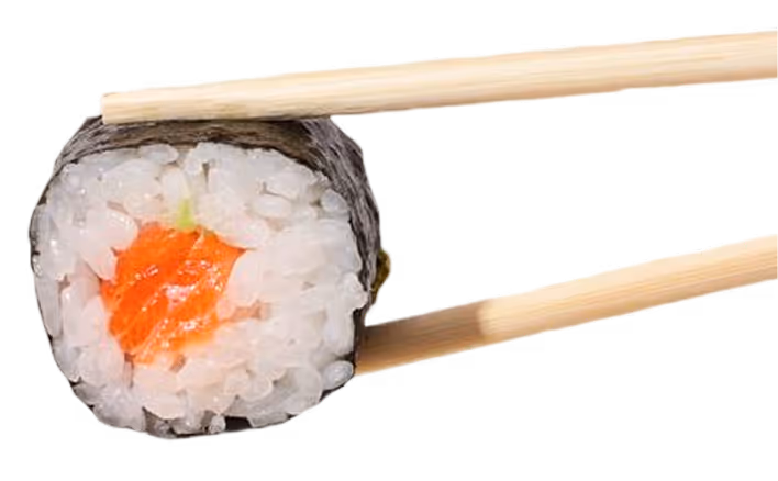 A sushi roll held by chopsticks.
