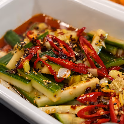 Spicy cucumber salad with red chili and sesame seeds.